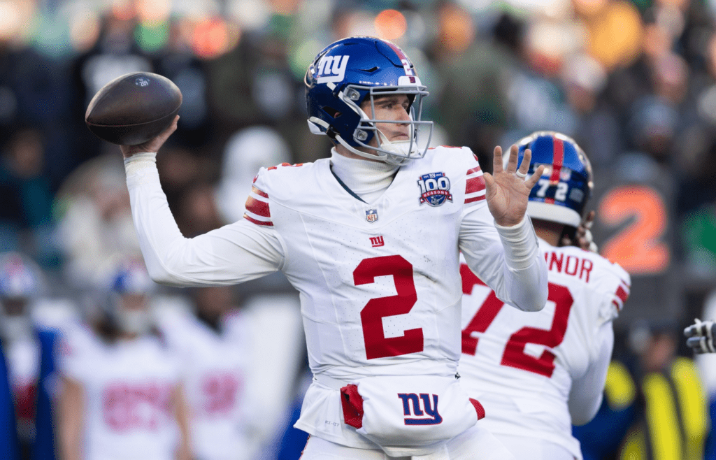 Jan 5, 2025; Philadelphia, Pennsylvania, USA; New York Giants quarterback Drew Lock (2) passes the ball against the Philadelphia Eagles during the fourth quarter at Lincoln Financial Field. Mandatory Credit: Bill Streicher-Imagn Images