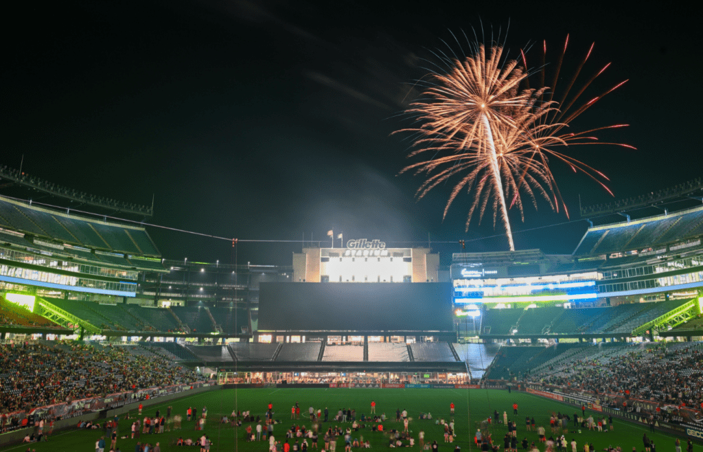 Jul 3, 2024; Foxborough, Massachusetts, USA; A general view of Gillette Stadium during a fireworks show after a game between the Atlanta United and the New England Revolution. Mandatory Credit: Brian Fluharty-Imagn Images