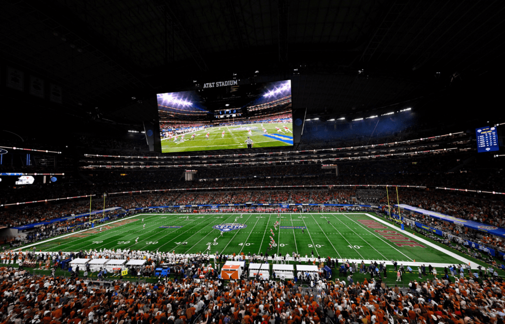 Jan 10, 2025; Arlington, TX, USA; A view of the stadium at the kickoff during the game between the Texas Longhorns and the Ohio State Buckeyes at AT&T Stadium. Mandatory Credit: Jerome Miron-Imagn Images