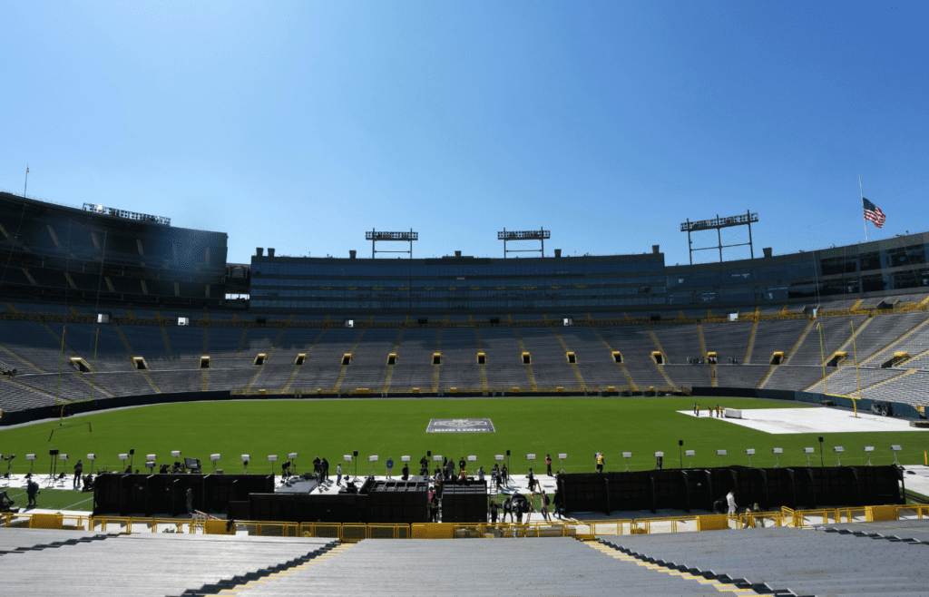 Apr 23, 2025; Green Bay, WI, USA; A general overall view of Lambeau Field, the site of the 2025 NFL Draft. Mandatory Credit: Kirby Lee-Imagn Images