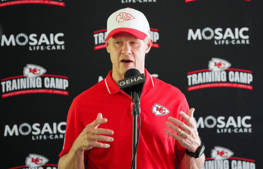 Jul 22, 2024; St. Joseph, MO, USA; Kansas City Chiefs owner Clark Hunt talks with media after training camp at Missouri Western State University. Mandatory Credit: Denny Medley-Imagn Images