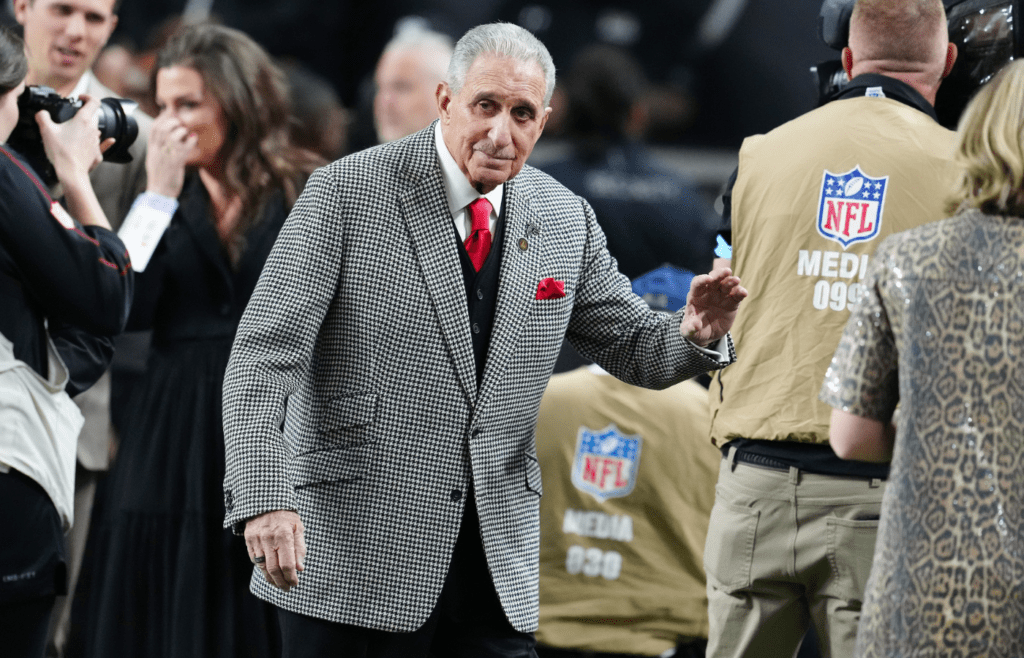 Dec 16, 2024; Paradise, Nevada, USA; Atlanta Falcons owner and chairman Arthur M. Blank walks the sideline before a game against the Las Vegas Raiders at Allegiant Stadium. Mandatory Credit: Stephen R. Sylvanie-Imagn Images