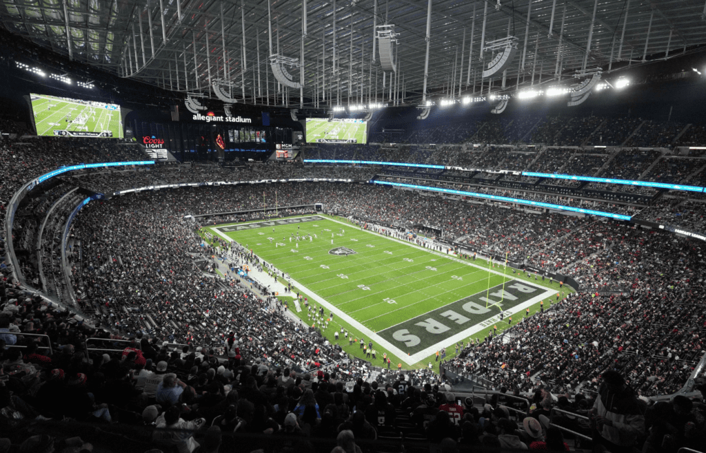 Dec 16, 2024; Paradise, Nevada, USA; A general overall view of Allegiant Stadium during the game between the Atlanta Falcons and the Las Vegas Raiders. Mandatory Credit: Kirby Lee-Imagn Images