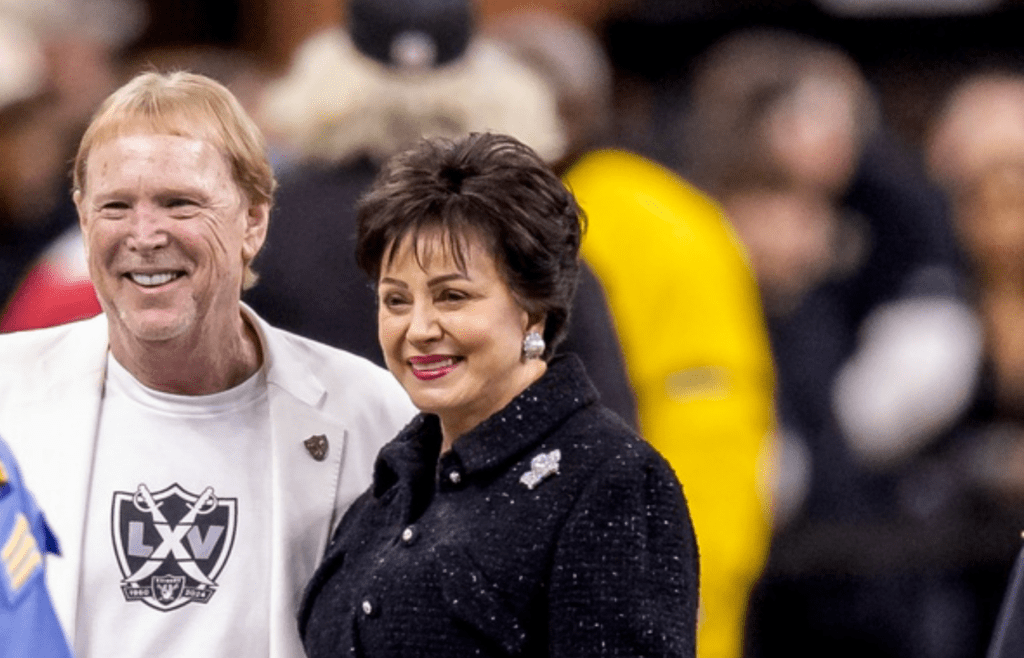 Dec 29, 2024; New Orleans, Louisiana, USA; New Orleans Saints owner Gayle Benson talks Las Vegas Raiders owner Mark Davis during warm ups at Caesars Superdome. Mandatory Credit: Stephen Lew-Imagn Images