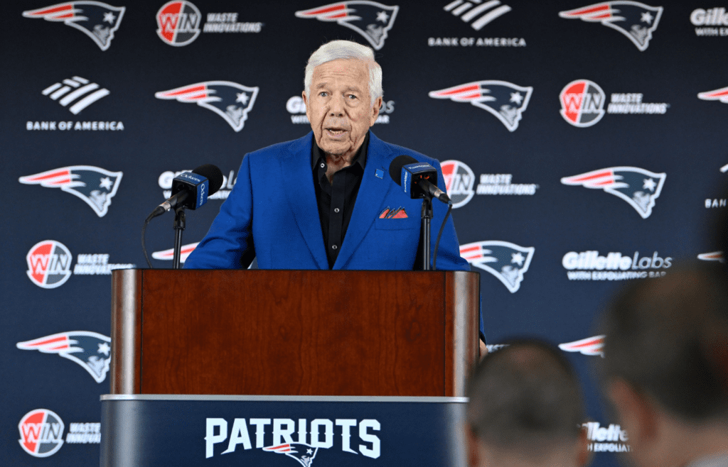 Mar 13, 2025; Foxborough, MA, USA; New England Patriots owner Robert Kraft discusses the teamís recent free agent additions with the media at Gillette Stadium. Mandatory Credit: Eric Canha-Imagn Images