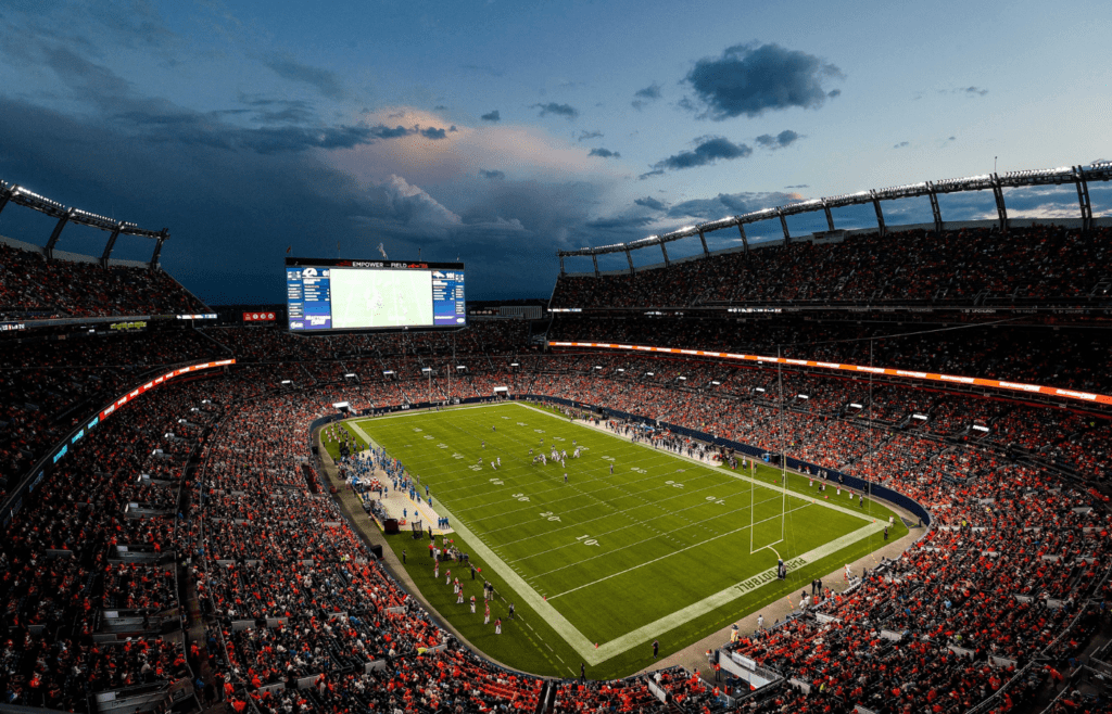 Aug 26, 2023; Denver, Colorado, USA; A general view in the first quarter between the Denver Broncos and the Los Angeles Rams at Empower Field at Mile High. Mandatory Credit: Isaiah J. Downing-Imagn Images