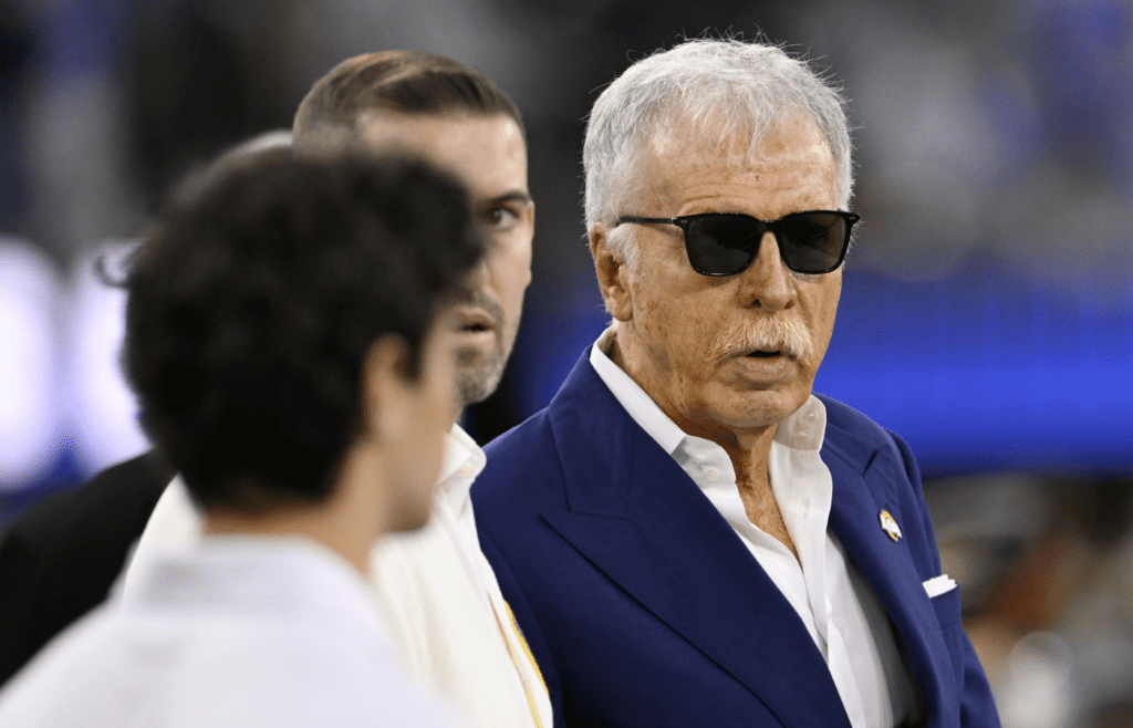 Nov 24, 2024; Inglewood, California, USA; Los Angeles Rams owner Stan Kroenke stands on the sidelines for the game between the Los Angeles Rams and the Philadelphia Eagles at SoFi Stadium. Mandatory Credit: Alex Gallardo-Imagn Images