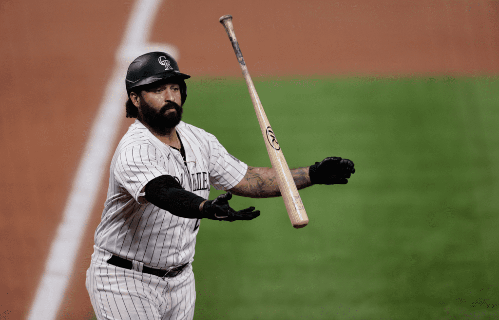 Sep 15, 2020; Denver, Colorado, USA; Colorado Rockies designated hitter Matt Kemp (25) tosses his bat after striking out in the eighth inning against the Oakland Athletics at Coors Field. Mandatory Credit: Isaiah J. Downing-Imagn Images