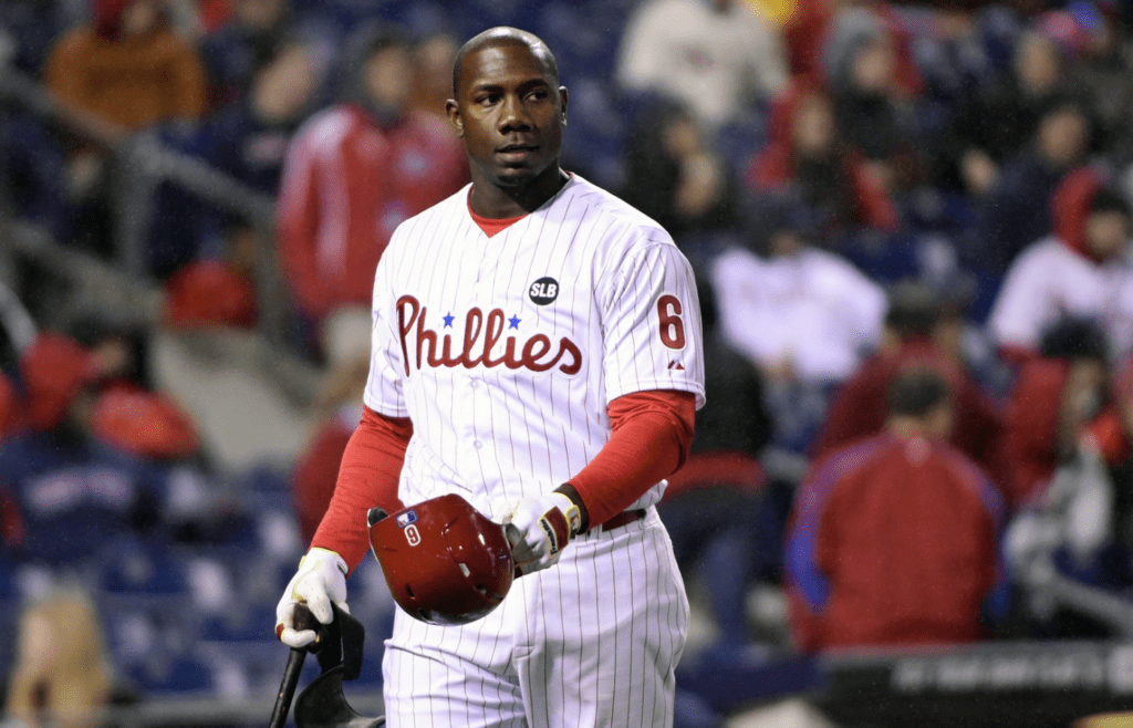 Apr 8, 2015; Philadelphia, PA, USA; Philadelphia Phillies first baseman Ryan Howard (6) walks back to the dugout after striking out to end the seventh inning against the Boston Red Sox at Citizens Bank Park. The Phillies defeated the Red Sox, 4-2. Mandatory Credit: Eric Hartline-Imagn Images