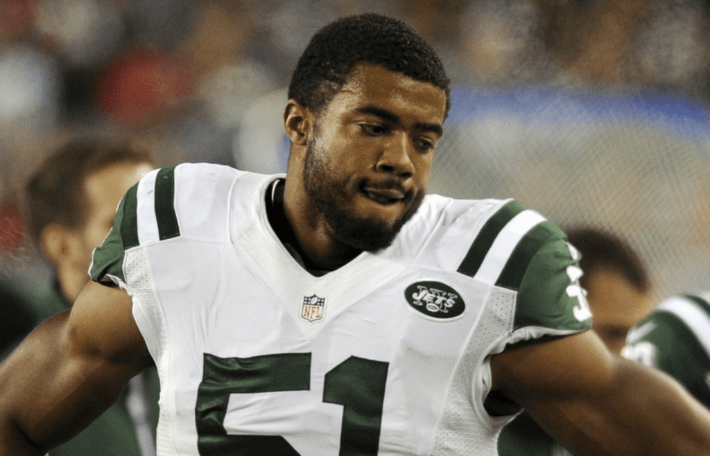 October 21, 2012; Foxboro, MA USA; New York Jets linebacker Aaron Maybin (51) during the fourth quarter against the New England Patriots at Gillette Stadium. Mandatory Credit: Bob DeChiara-Imagn Images