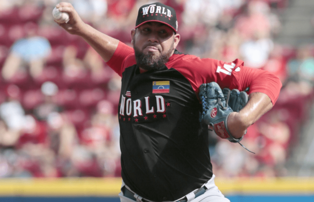Jul 12, 2015; Cincinnati, OH, USA; World pitcher Juan Gonzalez throws against the U.S.Team during the All Star Futures Game at Great American Ballpark. Mandatory Credit: David Kohl-Imagn Images