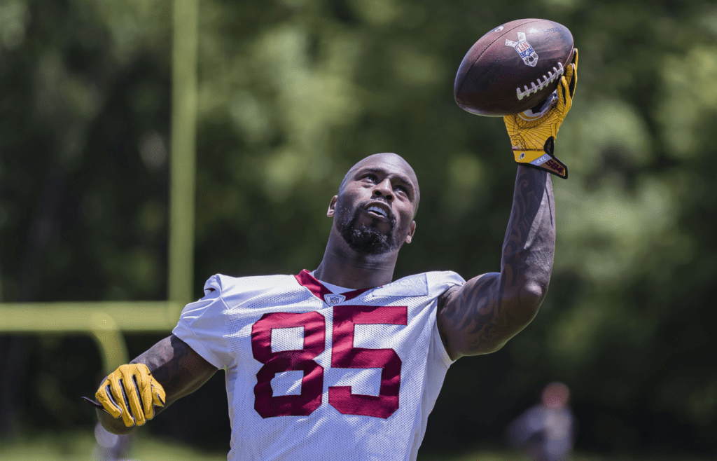 Jun 4, 2019; Richmond, VA, USA; Washington Redskins tight end Vernon Davis (85) catches a pass during minicamp at Redskins Park. Mandatory Credit: Scott Taetsch-Imagn Images