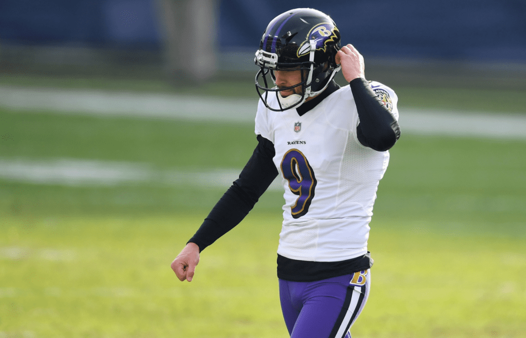 Jan 10, 2021; Nashville, Tennessee, USA; Baltimore Ravens kicker Justin Tucker (9) reacts after his missed field goal against the Tennessee Titans during the fourth quarter in a AFC Wild Card playoff game at Nissan Stadium. Mandatory Credit: Christopher Hanewinckel-Imagn Images