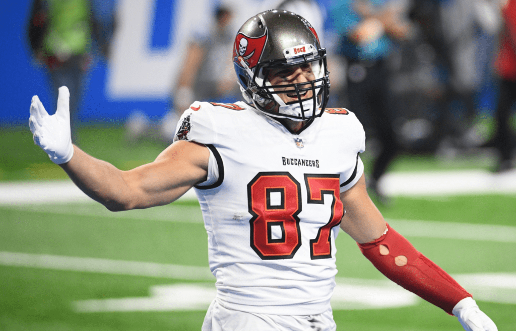 Dec 26, 2020; Detroit, Michigan, USA; Tampa Bay Buccaneers tight end Rob Gronkowski (87) celebrates after scoring a touchdown against the Detroit Lions during the third quarter at Ford Field. Mandatory Credit: Tim Fuller-Imagn Images