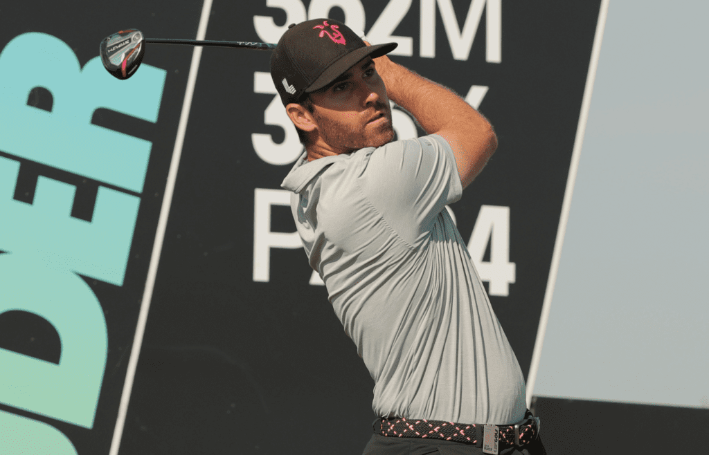 Sep 13, 2024; Bolingbrook, Illinois, USA; Matthew Wolff of the RangeGoats GC watches his shot on the fifth hole of the first round of the LIV Golf Chicago tournament at Bolingbrook Golf Club. Mandatory Credit: Melissa Tamez-Imagn Images