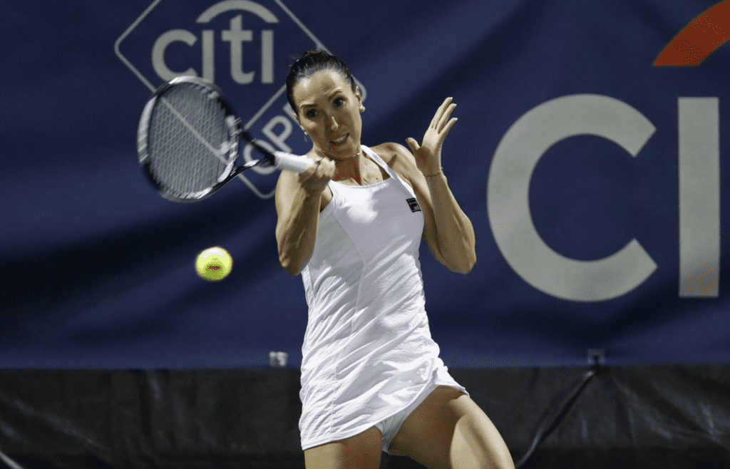 Jul 31, 2017; Washington, DC, USA; Jelena Jankovic of Serbia hits a forehand against Oceane Dodin of France (not pictured) on day one of the Citi Open at Fitzgerald Tennis Center. Dodin won 4-6, 6-3, 2-0 (ret'd). Mandatory Credit: Geoff Burke-Imagn Images