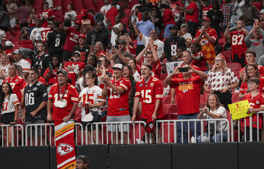 Sep 22, 2024; Atlanta, Georgia, USA; Kansas City Chiefs fans react after the Chiefs defeated the Atlanta Falcons at Mercedes-Benz Stadium. Mandatory Credit: Dale Zanine-Imagn Images