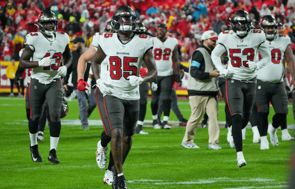 Nov 4, 2024; Kansas City, Missouri, USA; Tampa Bay Buccaneers wide receiver Marquez Callaway (85) and team mates take the field against the Kansas City Chiefs prior to a game at GEHA Field at Arrowhead Stadium. Mandatory Credit: Denny Medley-Imagn Images
Nov 4, 2024; Kansas City, Missouri, USA; Tampa Bay Buccaneers wide receiver Marquez Callaway (85) and team mates take the field against the Kansas City Chiefs prior to a game at GEHA Field at Arrowhead Stadium. Mandatory Credit: Denny Medley-Imagn Images