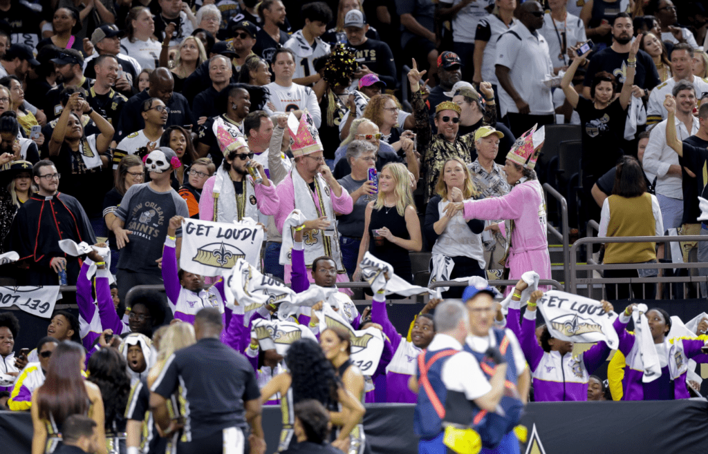 Oct 16, 2022; New Orleans, Louisiana, USA; New Orleans Saints fans celebrate against the Cincinnati Bengals during the first half at Caesars Superdome. Mandatory Credit: Stephen Lew-Imagn Images
