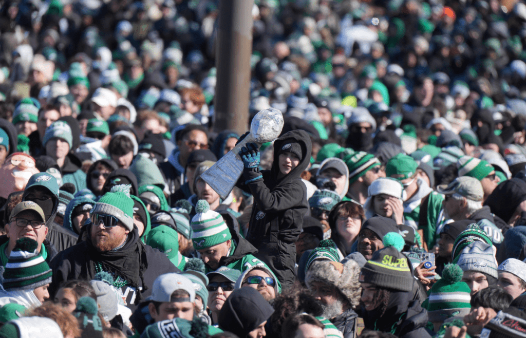 Feb 14, 2025; Philadelphia, PA, USA; Philadelphia Eagles fans watch during the Super Bowl LIX championship rally at the Philadelphia Museum of Art. Mandatory Credit: Kirby Lee-Imagn Images