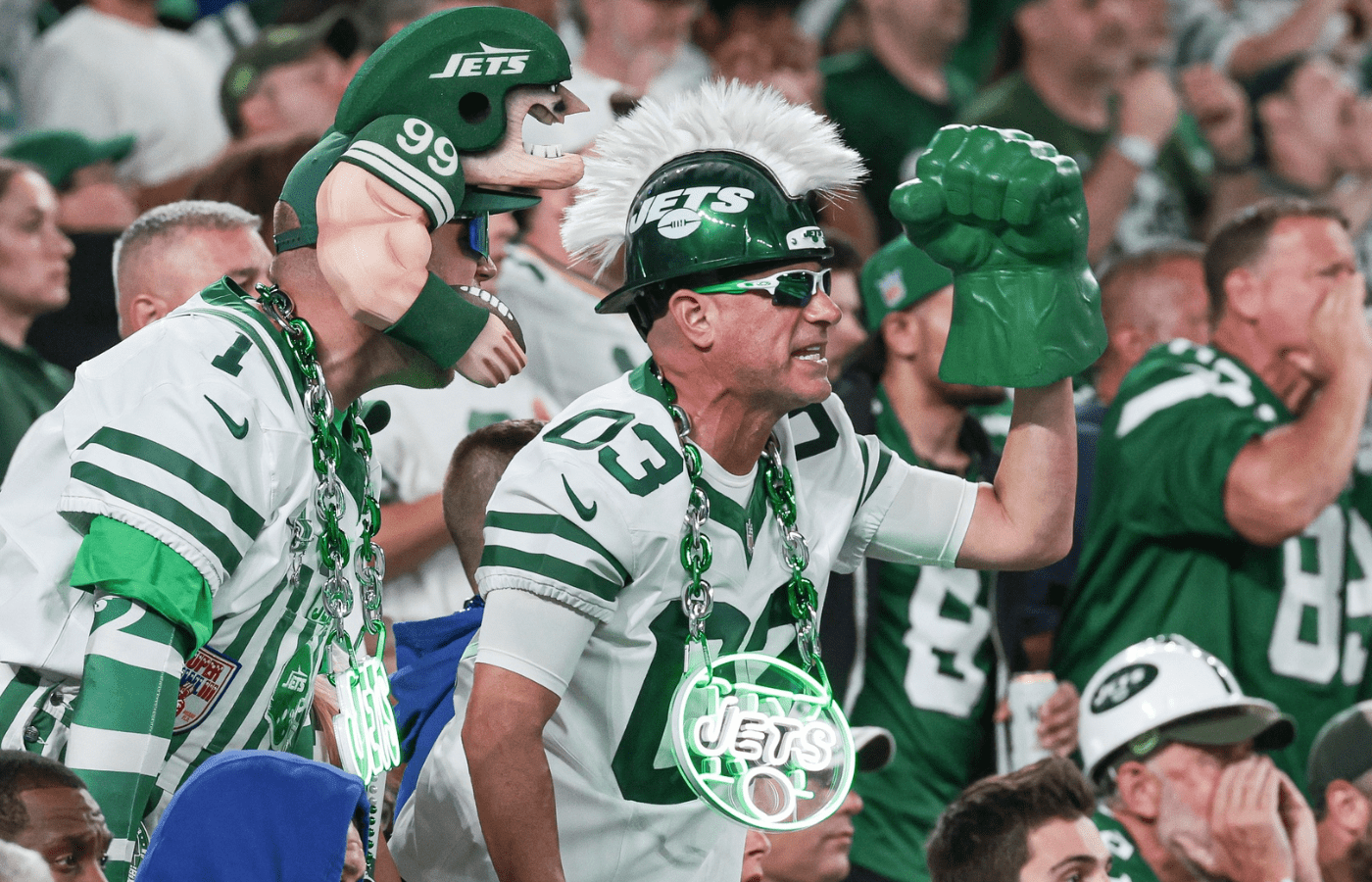 Sep 11, 2023; East Rutherford, New Jersey, USA; New York Jets fans cheer during the second half against the Buffalo Bills at MetLife Stadium. Mandatory Credit: Vincent Carchietta-Imagn Images