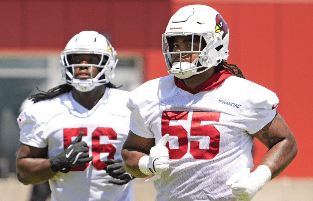 Arizona Cardinals defensive lineman Dante Stills (55) and defensive end Darius Robinson (56) during organized team practice at Arizona Cardinals training center in Tempe on May 28, 2025.