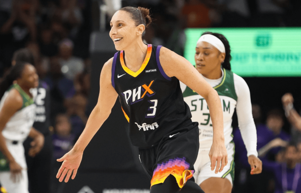 Phoenix Mercury guard Diana Taurasi smiles after hitting a three-pointer on Sept. 19, 2024 at Footprint Center in Phoenix.