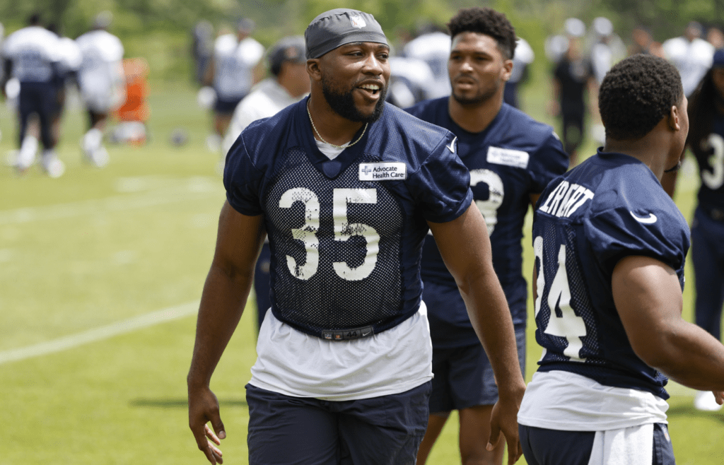 Jun 5, 2024; Lake Forest, IL, USA; Chicago Bears fullback Khari Blasingame (35) looks on during the team's minicamp at Halas Hall. Mandatory Credit: Kamil Krzaczynski-Imagn Images