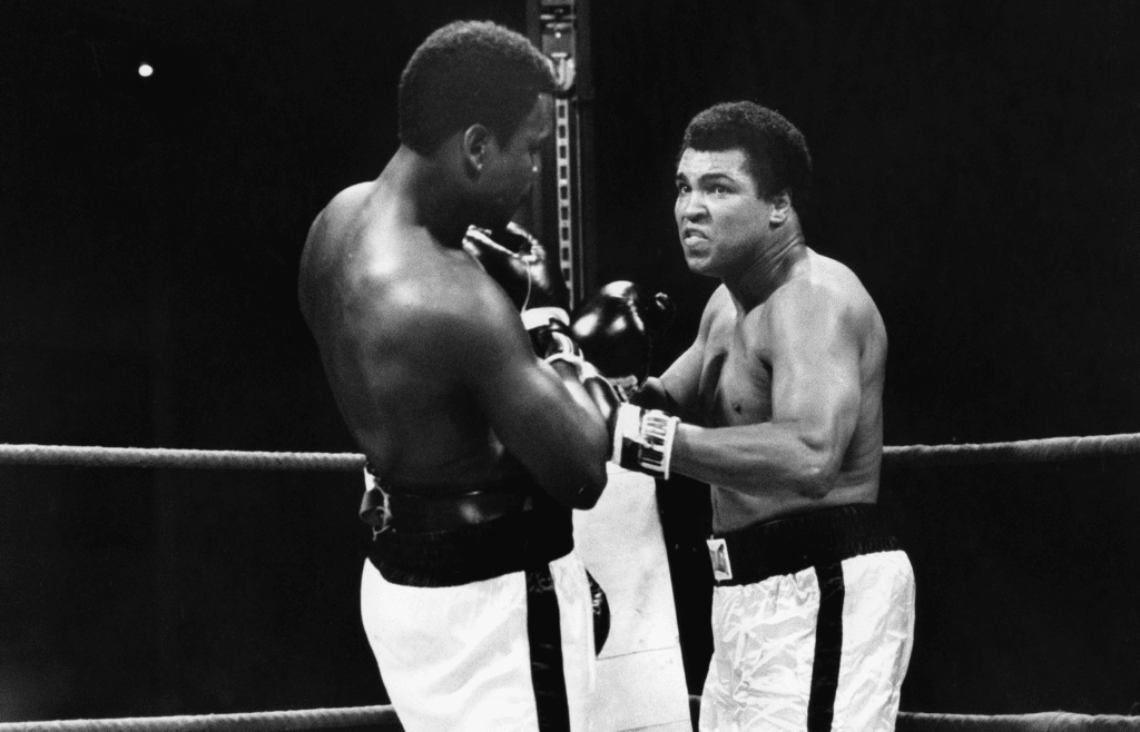 Oct 30, 1980; Louisville, KY ; USA: FILE PHOTO; Cassius Clay aka Muhammad Ali fights Walter Santamore in an exhibition match at the Common Wealth Convention Center. Mandatory Credit: Robert Steinau/The Courier-Journal-Imagn Images