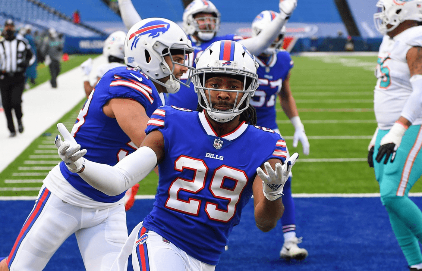 Jan 3, 2021; Orchard Park, New York, USA; Buffalo Bills cornerback Josh Norman (29) gestures after his interception return for a touchdown against the Miami Dolphins during the third quarter at Bills Stadium. Mandatory Credit: Rich Barnes-Imagn Images