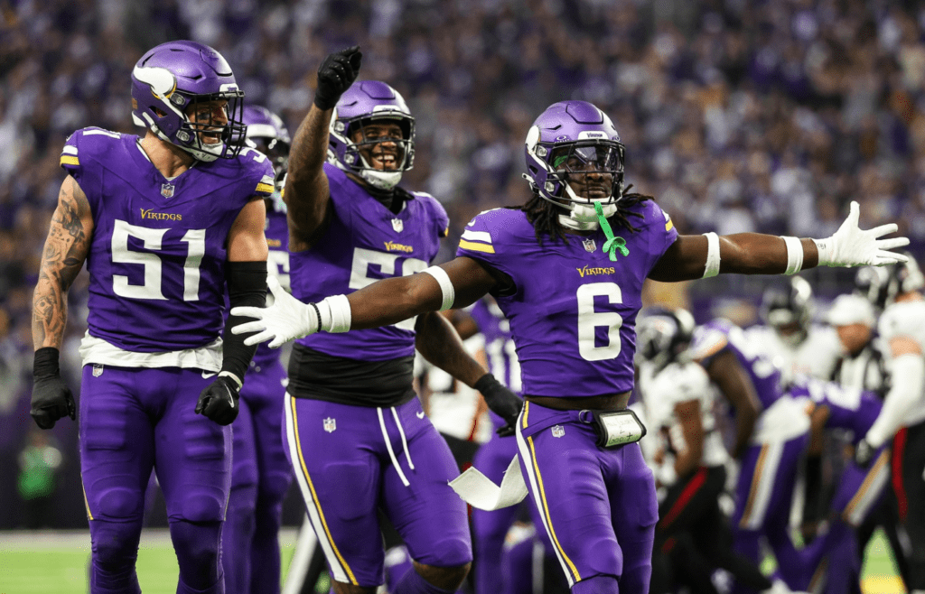 Dec 8, 2024; Minneapolis, Minnesota, USA; Minnesota Vikings linebacker Brian Asamoah II (6) celebrates his teams fumble recovery against the Atlanta Falcons during the fourth quarter at U.S. Bank Stadium. Mandatory Credit: Matt Krohn-Imagn Images