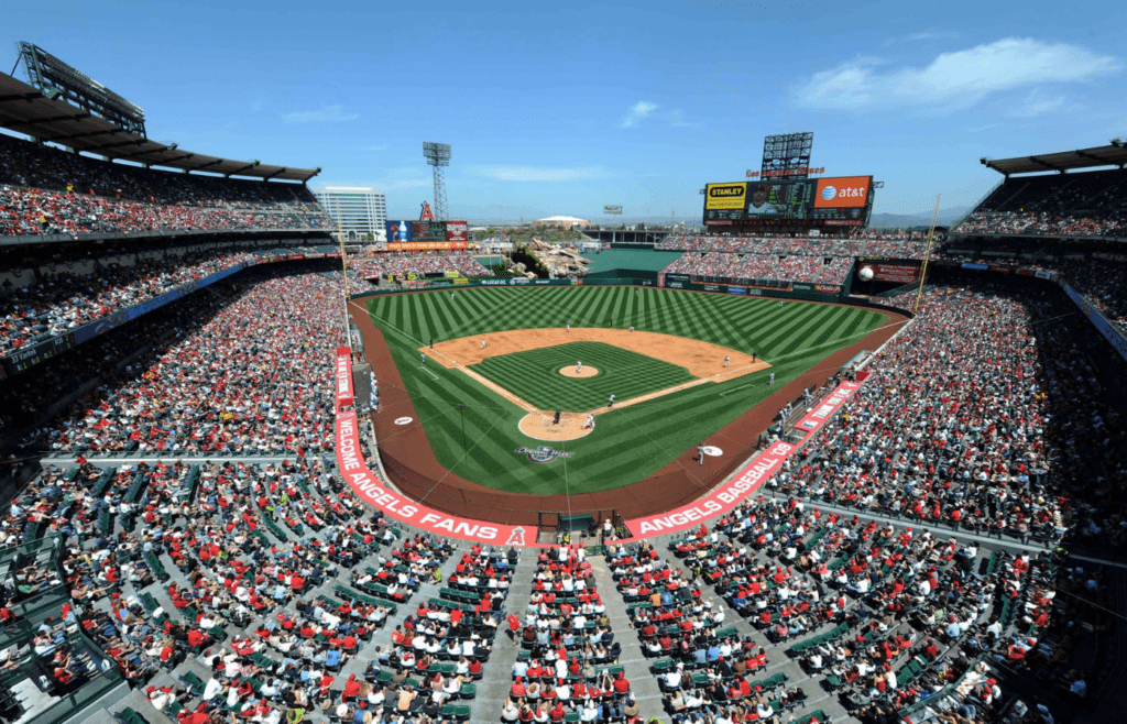 Apr 12, 2009; Los Angeles, CA, USA; General view of Angel Stadium during the game between the Boston Red Sox and Los Angeles Angels. Mandatory Credit: Kirby Lee/Image of Sport-Imagn Images