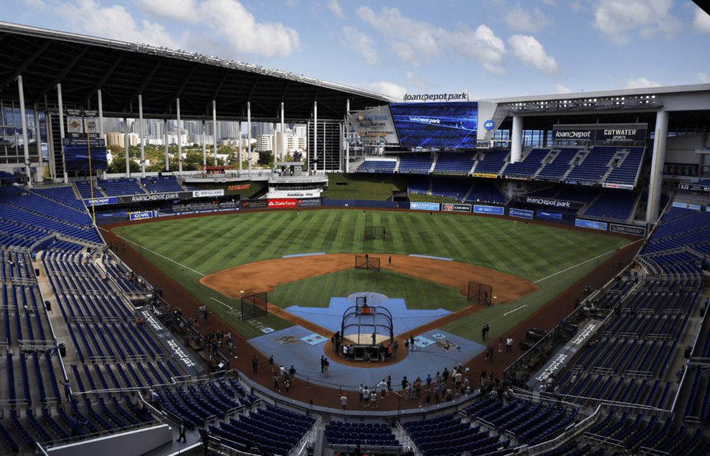 Apr 16, 2024; Miami, Florida, USA; A general view of the field with the roof open prior to the game between the San Francisco Giants against the Miami Marlins at loanDepot Park. Mandatory Credit: Rhona Wise-Imagn Images