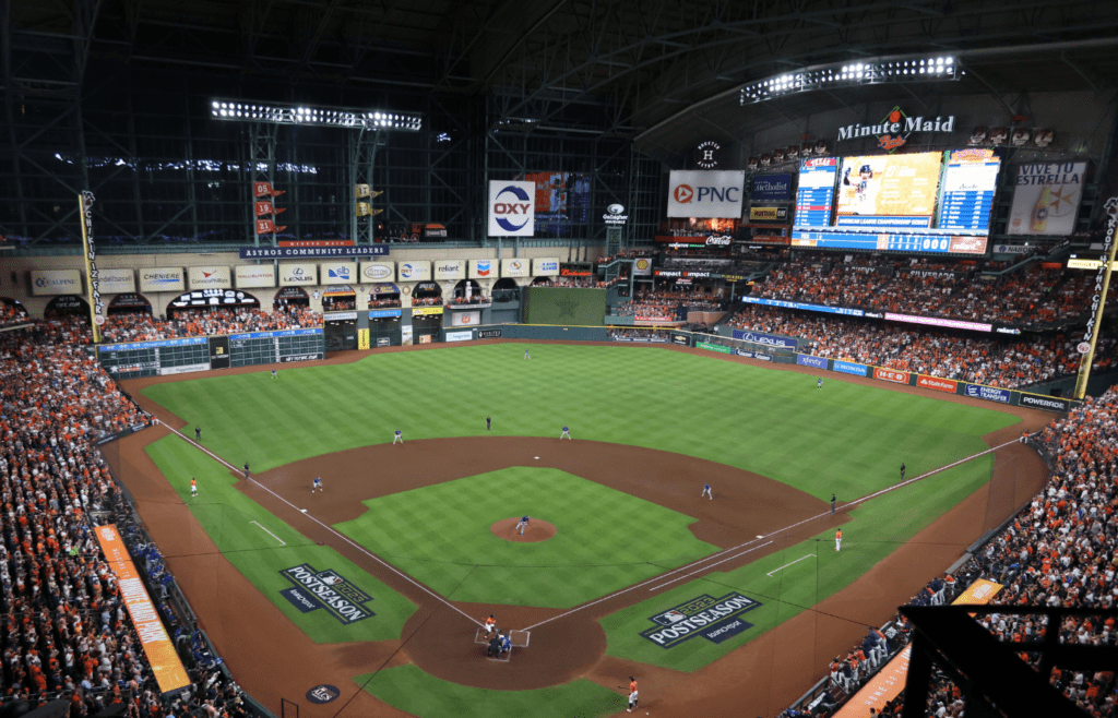 Oct 22, 2023; Houston, Texas, USA; An overall view of Minute Maid Park in the first inning between the Houston Astros and the Texas Rangers during game six of the ALCS for the 2023 MLB playoffs. Mandatory Credit: Thomas Shea-Imagn Images