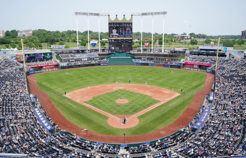 Jun 1, 2025; Kansas City, Missouri, USA; A general view of the stadium in the fourth inning of the game between the Kansas City Royals and Detroit Tigers at Kauffman Stadium. Mandatory Credit: Denny Medley-Imagn Images