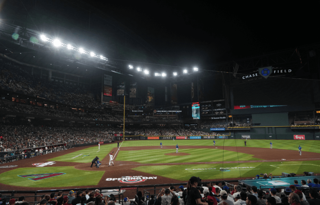 Mar 27, 2025; Phoenix, Arizona, USA; A general view of game action between the Arizona Diamondbacks and the Chicago Cubs during the seventh inning at Chase Field. Mandatory Credit: Joe Camporeale-Imagn Images