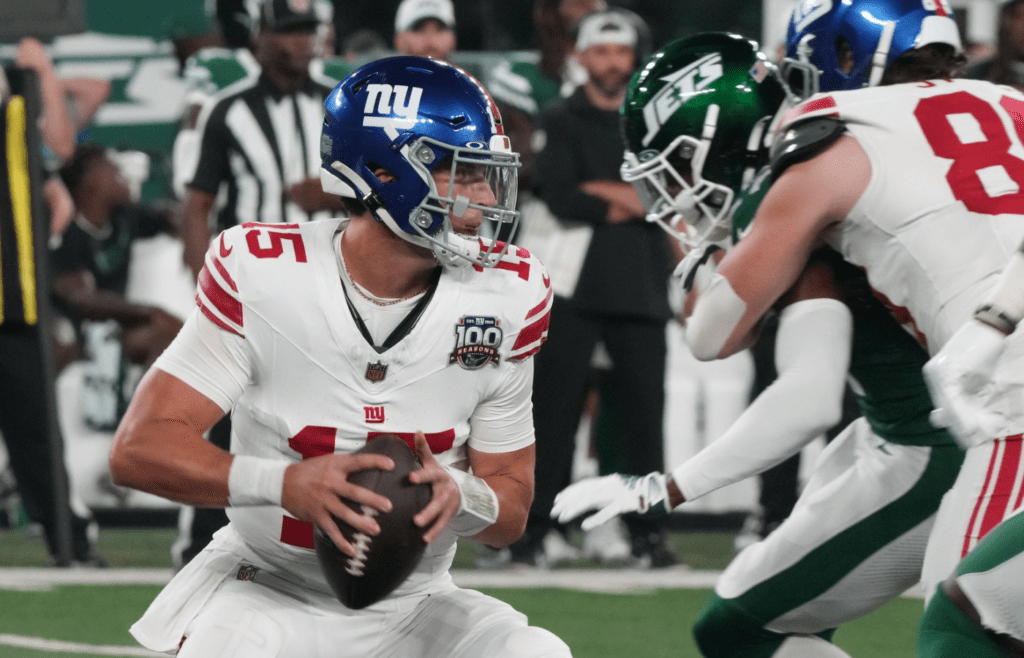 East Rutherford, NJ -- August 24, 2024 -- Quarterback, Tommy DeVito of the Giants in the first half. The New York Giants and New York Jets meet at MetLife Stadium in the final preseason game of the 2024 season for both teams.
