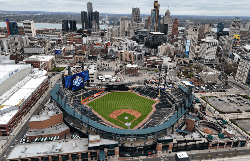Apr 24, 2024; Detroit, MI, USA; A general overall aerial view of Comerica Park. The stadium is the home of the Detroit Tigers. Mandatory Credit: Kirby Lee-Imagn Images