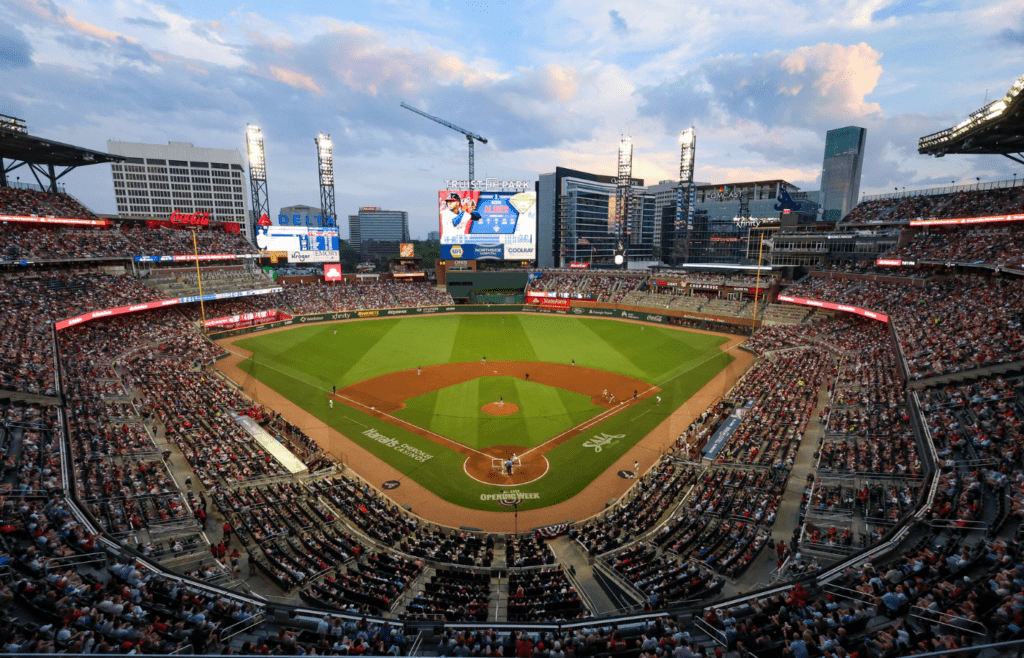 Apr 4, 2025; Atlanta, Georgia, USA; A general view of Truist Park during the third inning of a game between the Atlanta Braves and Miami Marlins. Mandatory Credit: Brett Davis-Imagn Images