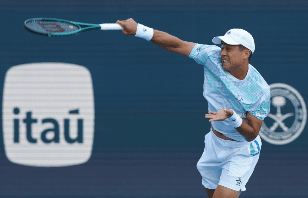 Mar 19, 2025; Miami, FL, USA; Mackenzie McDonald (USA) serves against Nick Kyrgios (AUS)(not pictured) on day two of the Miami Open at Hard Rock Stadium. Mandatory Credit: Geoff Burke-Imagn Images