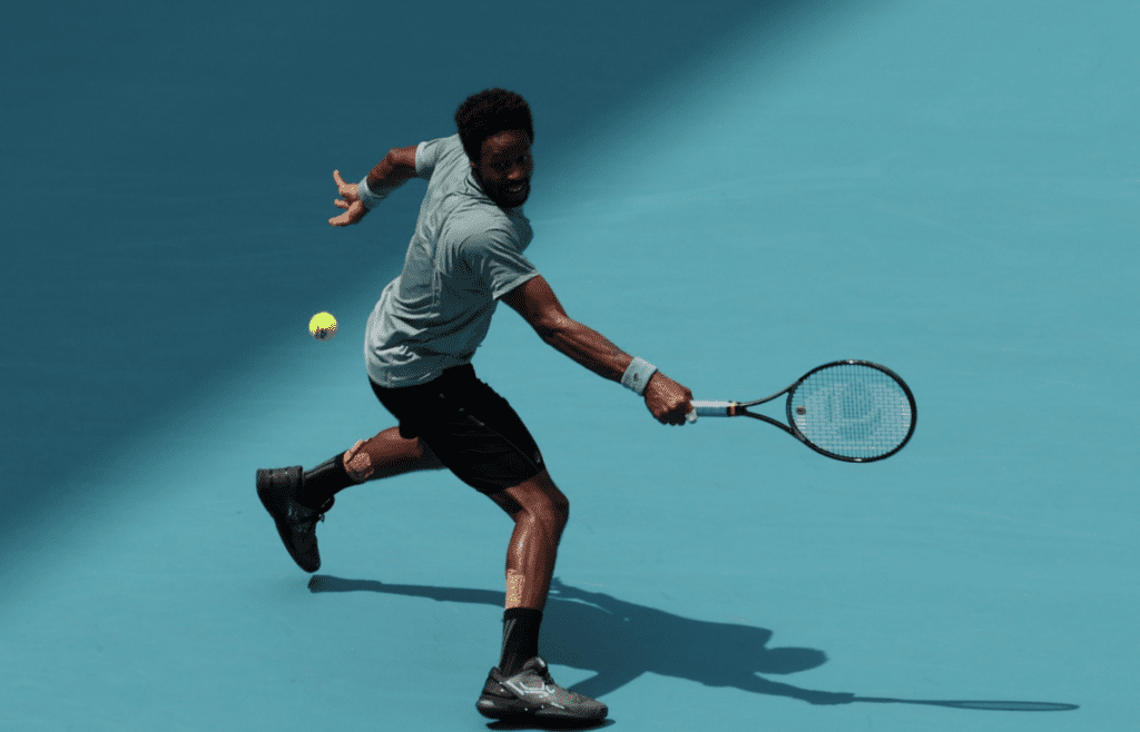 Mar 25, 2025; Miami, FL, USA; Gael Monfils (FRA) reaches for a backhand against Sebastian Korda (USA)(not pictured) on day eight of the Miami Open at Hard Rock Stadium. Mandatory Credit: Geoff Burke-Imagn Images