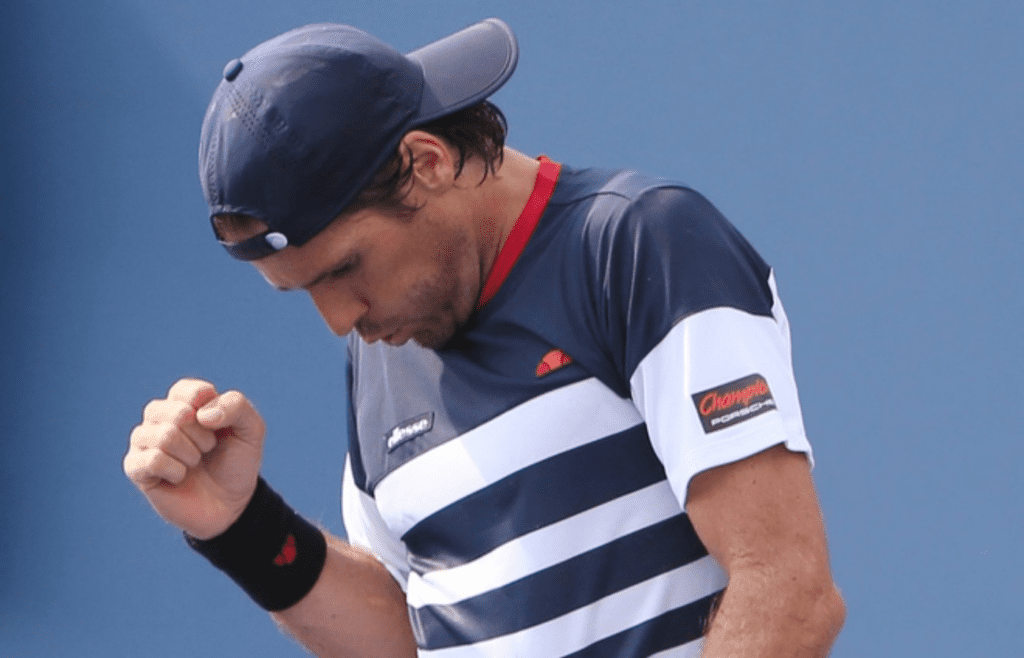 Aug 31, 2015; New York, NY, USA; Tommy Haas of Germany reacts after winning a point against Fernando Verdasco of Spain on day one of the 2015 U.S. Open tennis tournament at USTA Billie Jean King National Tennis Center. Mandatory Credit: Jerry Lai-Imagn Images