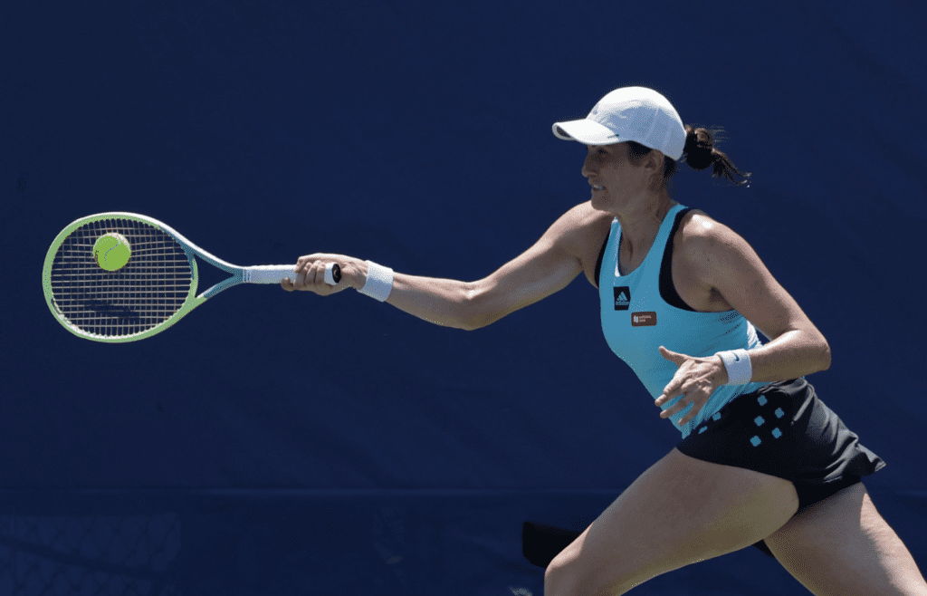 Aug 3, 2022; Washington, DC, USA; Rebecca Marino (CAN) hits a forehand against Andrea Petkovic (GER) (not pictured) on day three of the Citi Open at Rock Creek Park Tennis Center. Mandatory Credit: Geoff Burke-Imagn Images