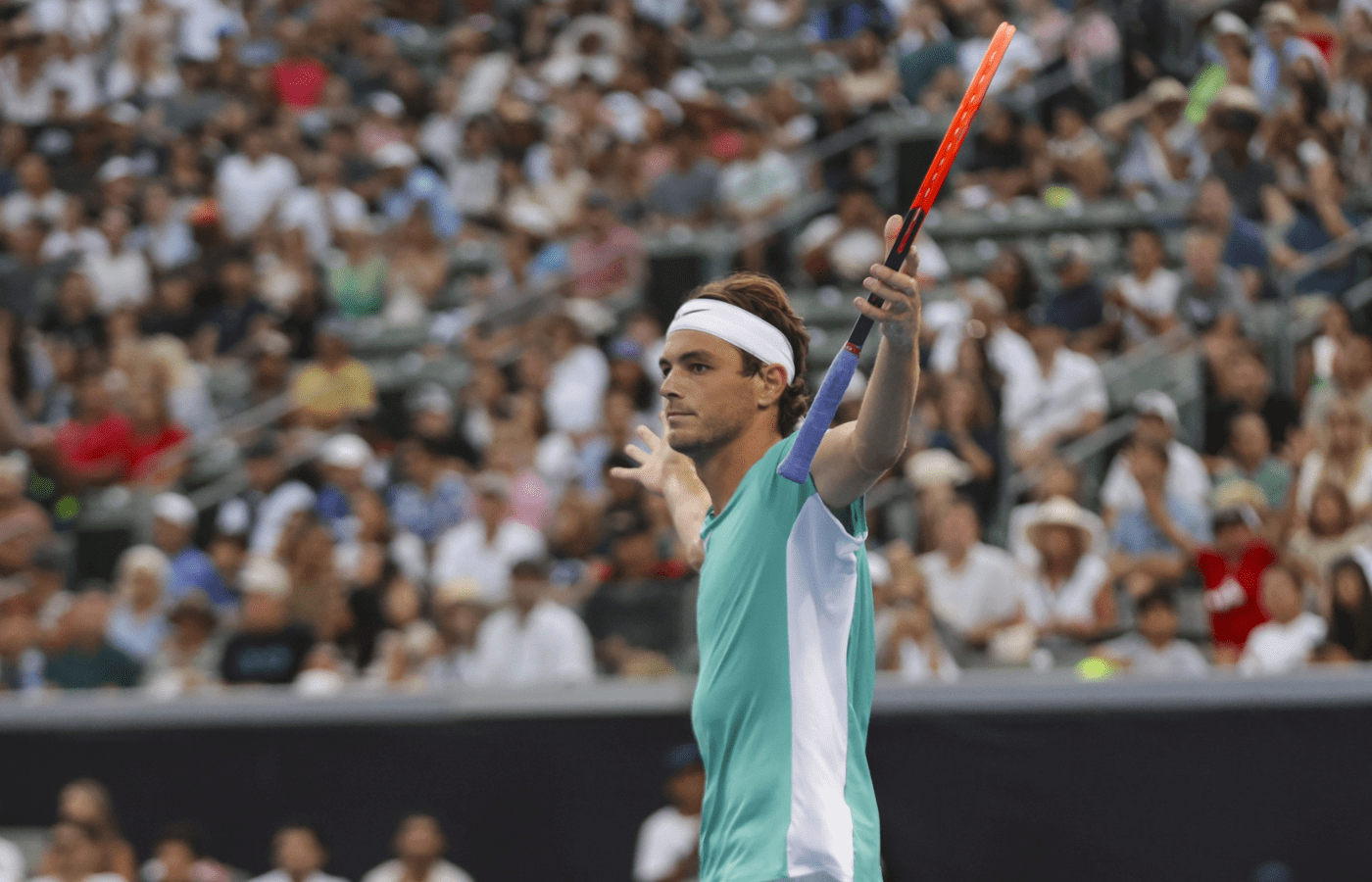 Jul 22, 2023; Los Angeles, CA, USA; Taylor Fritz celebrates after winning a UTS tennis match against Benoit Paire at Dignity Health Sports Park. Mandatory Credit: Yannick Peterhans-Imagn Images