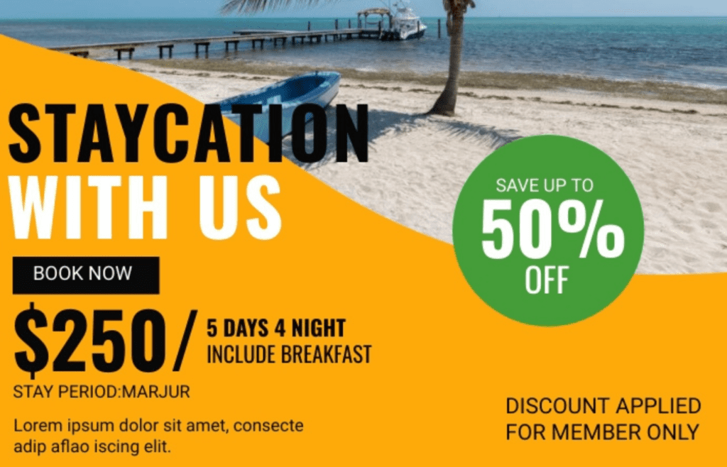A beach getaway ad with a low price