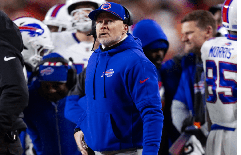 Jan 26, 2025; Kansas City, MO, USA; Buffalo Bills head coach Sean McDermott against the Kansas City Chiefs during the AFC Championship game at GEHA Field at Arrowhead Stadium. Mandatory Credit: Mark J. Rebilas-Imagn Images
