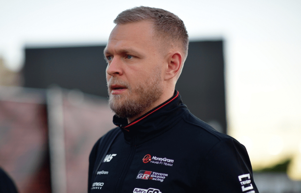 Nov 21, 2024; Las Vegas, Nevada, USA; Haas F1 driver Kevin Magnussen (20) arrives before practice for the Las Vegas Grand Prix at Las Vegas Circuit. Mandatory Credit: Gary A. Vasquez-Imagn Images