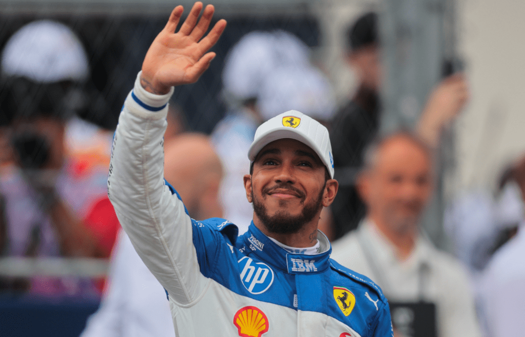 May 3, 2025; Miami Gardens, FL, USA; Ferrari driver Lewis Hamilton (44) reacts after finishing third during the F1 Miami Grand Prix Sprint Race at Miami International Autodrome. Mandatory Credit: Sam Navarro-Imagn Images