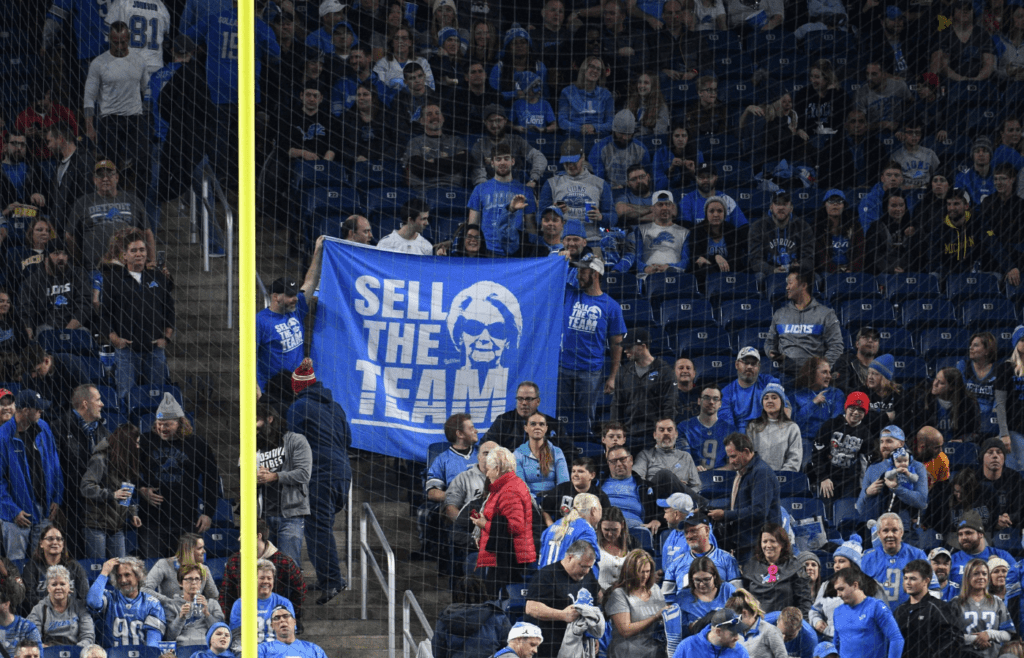 Dec 15, 2019; Detroit, MI, USA; Detroit Lions fans hold up a sign for owner Martha Ford during the game against the Tampa Bay Buccaneers at Ford Field. Mandatory Credit: Tim Fuller-Imagn Images
