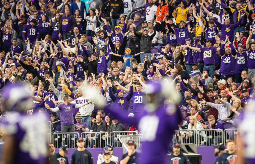 Dec 29, 2019; Minneapolis, Minnesota, USA; Minnesota Vikings fans cheer during the fourth quarter against the Chicago Bears at U.S. Bank Stadium. Mandatory Credit: Harrison Barden-Imagn Images